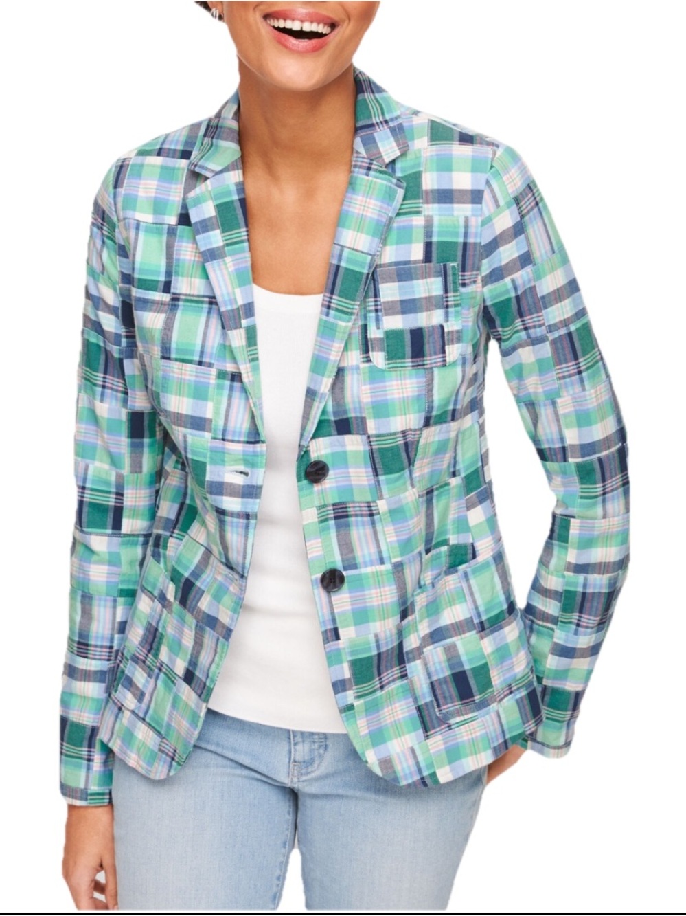 Talbots Green & Blue Plaid Cotton Blazer